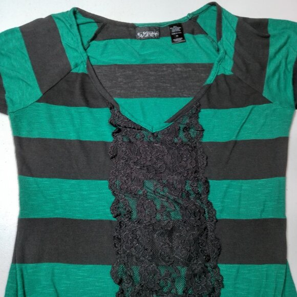 Vintage Y2K Daytrip Shirt Medium Green Black Strriped Deep V Neck Slim Lace Trim - Picture 13 of 14